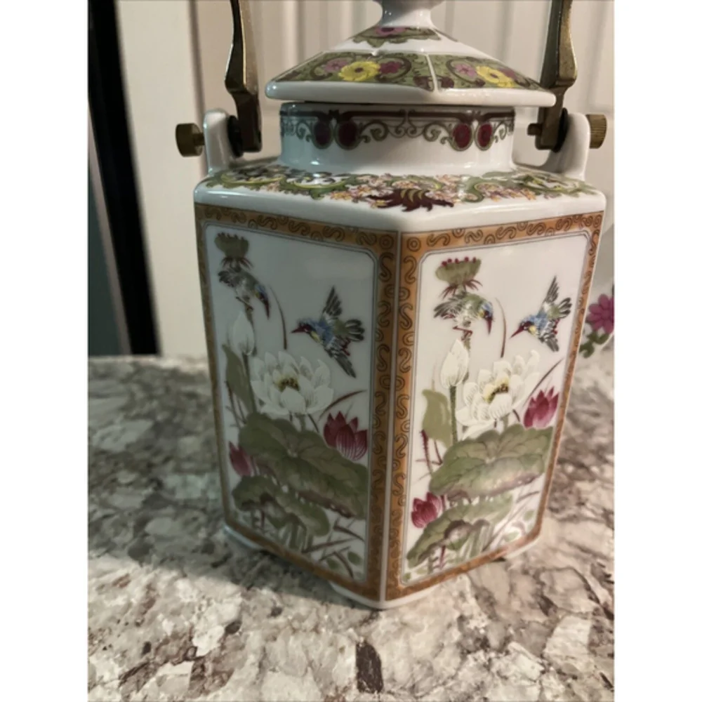 Vintage Japanese‎ Toyo Ming Lotus Hexagon Floral Tea Kettle W/Brass Handle VGUC